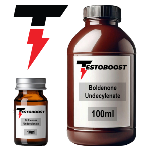 Boldenone (Equipoise) 10ml and 100ml vials with TestoBoost logo showing size difference.